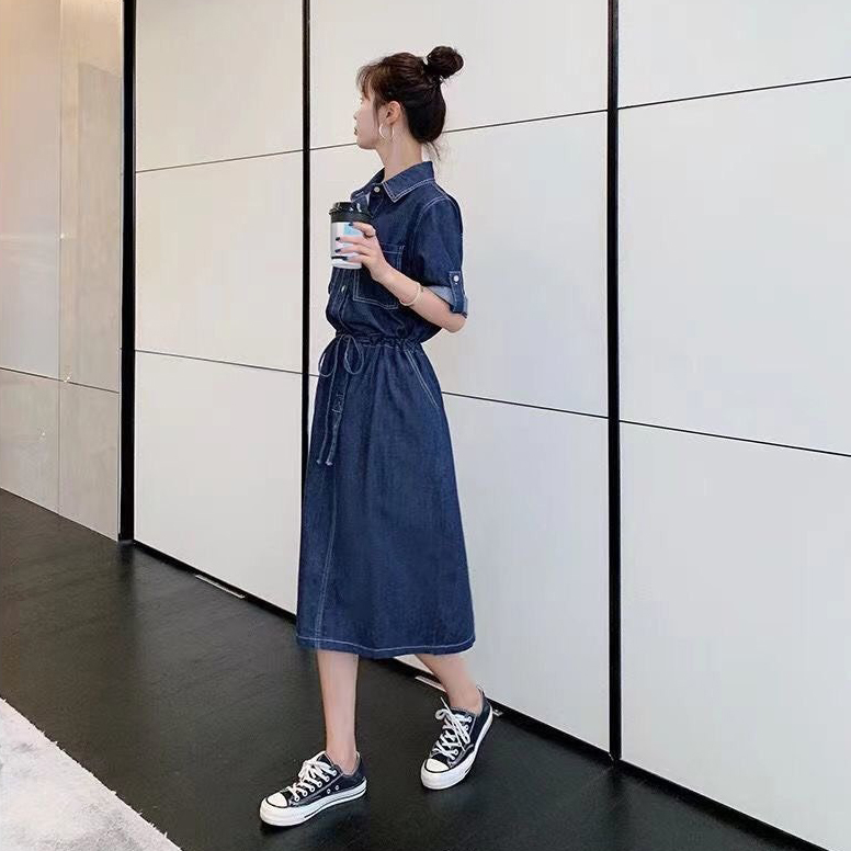 ĐẦM JEAN XÒE CỔ SƠ MI EO RÚT - NJ220